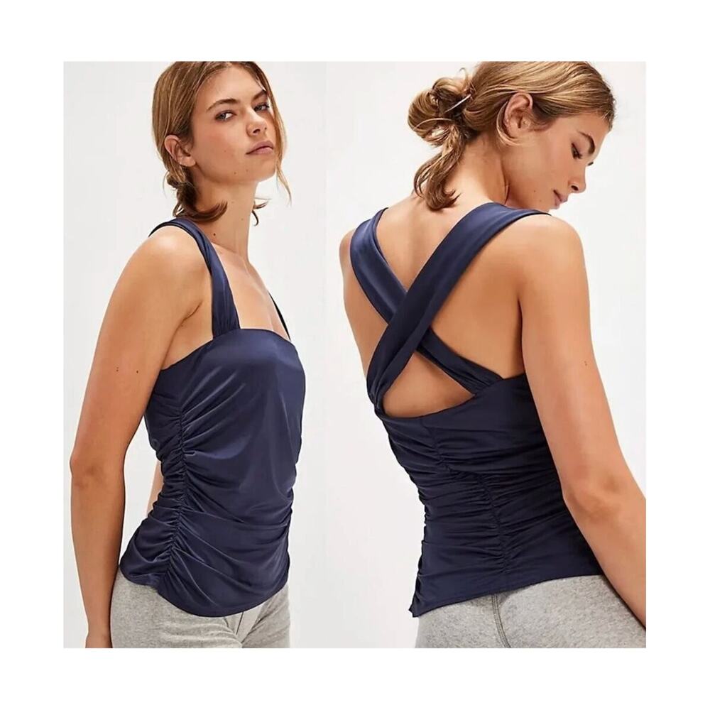 Free People Intimately Another Round Navy Ruched Cami Tank Top Size Medium